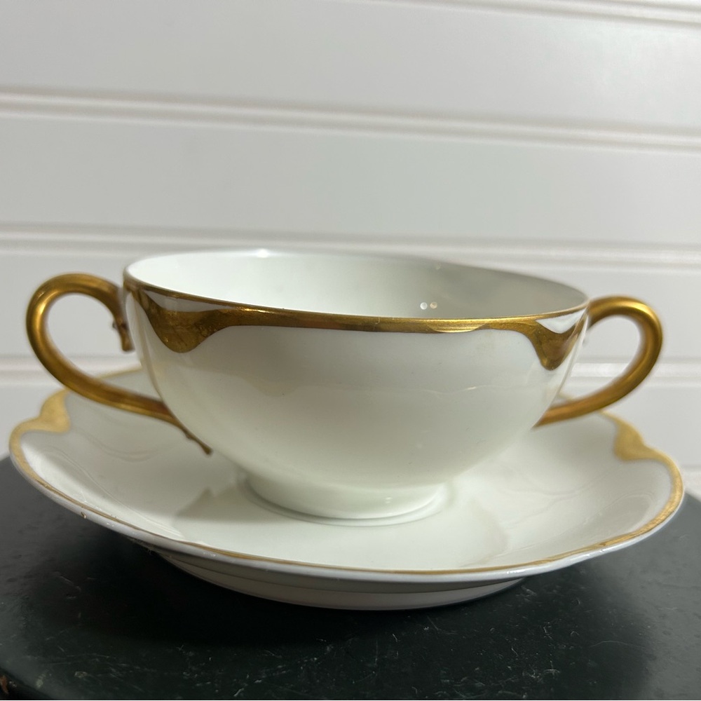 Vintage Set Haviland Limoges Boullion Cup & Saucer Silver Anniversary Gold Rim